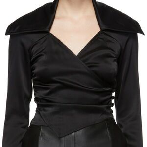 HOST PICK NWT NANUSKA XL Womens Black Satin OHara Blouse Raw Edges Long Sleeve V